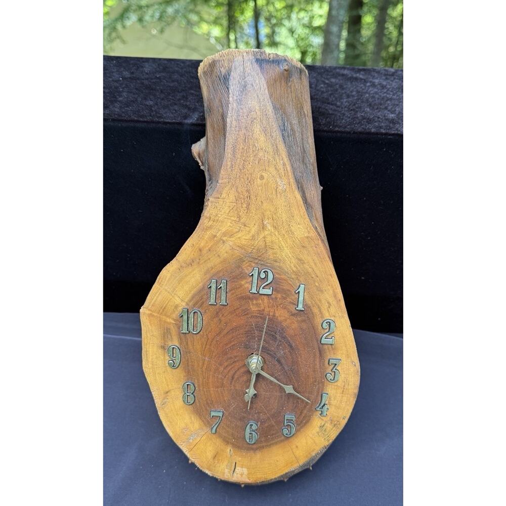 Vintage Handmade Burl Wood Quartz Slab Wall Clock Tested Works Great! 15” Long